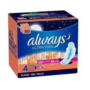 Always Ultra Thin Overnight Pads with Wings Size 4 unscented 80 count box
