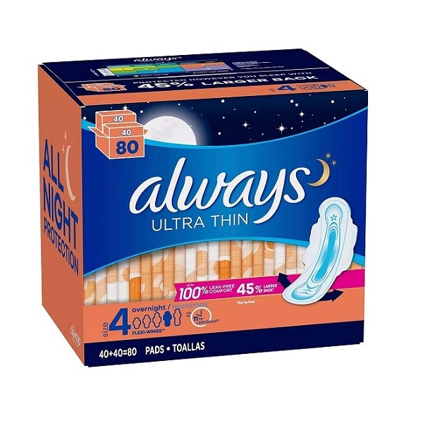 Always Ultra Thin Overnight Pads with Wings Size 4 unscented 80 count box
