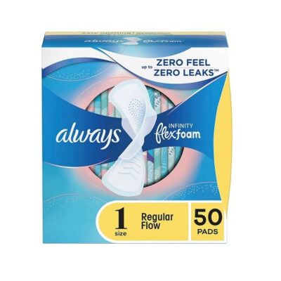 Always Infinity Feminine Pads for Women, Size 1 Regular, with wings, unscented, 50 ct
