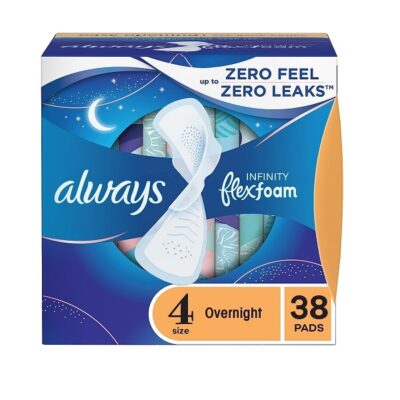 Always Infinity FlexFoam Pads for Women Size 4 Overnight Absorbency, Up to 12 Hours Zero Leaks, Zero Feel Protection, with Wings Unscented, 38 Count