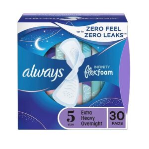 Always Infinity FlexFoam Pads for Women Size 5 Extra Heavy Overnight Absorbency, Up to 12 Hours Zero Leaks, Zero Feel Protection, with Wings Unscented, 30 Count - Image 1