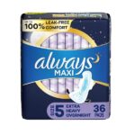 Always Maxi Extra Heavy Overnight Pads size 5 with maximum leak protection, 36 count