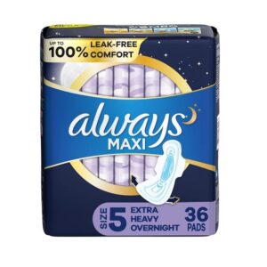 Always Maxi Extra Heavy Overnight Pads size 5 with maximum leak protection, 36 count