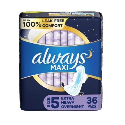 Always Maxi Extra Heavy Overnight Pads size 5 with maximum leak protection, 36 count