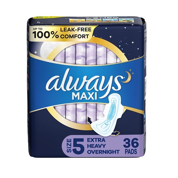 Always Maxi Extra Heavy Overnight Pads size 5 with maximum leak protection, 36 count