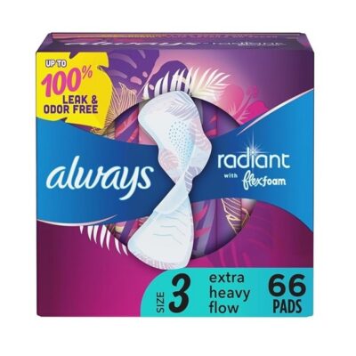 Always Radiant Feminine Pads with Wings for Women, Extra Heavy Overnight, Light Clean Scent, Size 3 (Pack of 66)