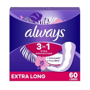 Always Xtra Protection 3-in-1 Daily Liners for Women, Extra Long, 60 CT - Image 1