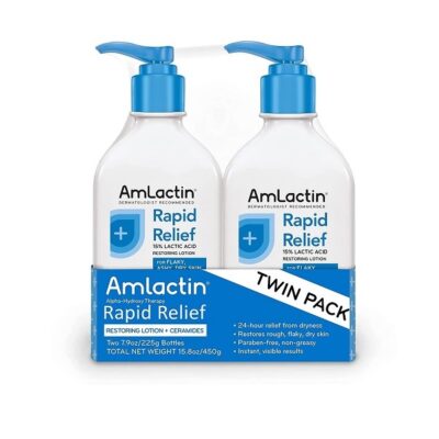 AmLactin Rapid Relief Restoring Lotion + Ceramides | 24-Hr Dryness Relief | Powerful Alpha-Hydroxy Therapy Gently Exfoliates | Lactic Acid (AHA) | Rough Flaky Dry Skin | Twin Pack (2) 7.9 oz. Bottles