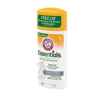 Arm & Hammer Essentials unscented natural deodorant stick free of aluminum and parabens for daily protection.