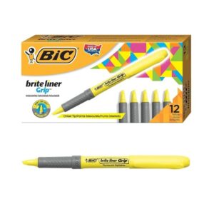BIC Brite Liner Grip Highlighter, Chisel Tip, Yellow, 12 Highlighters - Image 1