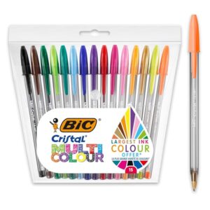 BIC Cristal Multicolour Ballpoint Pens Wide Point (1.6 mm) - Assorted Colours, Pack of 15 - Image 1