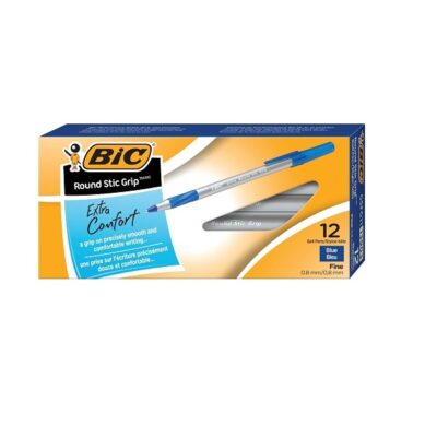 BIC Round Stic Grip Ball Pen, Fine Point, 0.8mm, Blue, 12 Pens (GSFG11-Blue)
