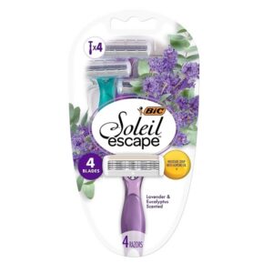 BIC Soleil Escape Women's Disposable Razors, 4 Blade Ladies Razors, Moisture Strip With 100% Natural Almond Oil, Lavender and Eucalyptus Scented Handles, 4 Pack - Image 1