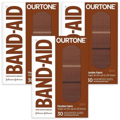 Band-Aid Brand Ourtone Adhesive Bandages, Flexible Protection & Care of Minor Cuts & Scrapes, Quilt-Aid Pad for Painful Wounds, BR55, Assorted Sizes, 30 ct, Pack of 3