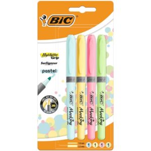 Bic Highlighter Grip Pens - Assorted Pastel Colours, Pack of 4 - Image 1