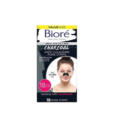 Biore Charcoal, Deep Cleansing 18 Nose Strips for Blackhead Removal on Oily Skin, with Instant Pore Unclogging, features Natural Charcoal (Packaging May Vary)