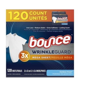 Bounce WrinkleGuard Mega Dryer Sheets, Fabric Softener and Wrinkle Releaser Sheets, Outdoor Fresh Scent, 120 Count (Pack of 2, 60 Count Each)