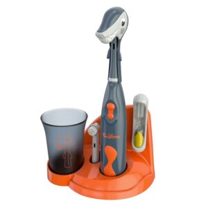 Brusheez® Kids Electric Toothbrush Set (Carnivore Edition) - Battery Operated, Soft Bristles, Easy On/Off, 2 Brush Heads, Animal Cover, Sand Timer, Rinse Cup, and Base - Ages 3+ (Shadow The Shark) - Image 1