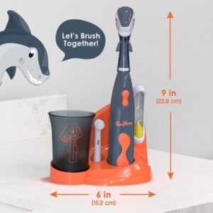 Brusheez® Kids Electric Toothbrush Set (Carnivore Edition) - Battery Operated, Soft Bristles, Easy On/Off, 2 Brush Heads, Animal Cover, Sand Timer, Rinse Cup, and Base - Ages 3+ (Shadow The Shark) - Image 5