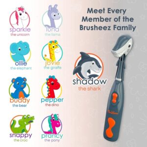Brusheez® Kids Electric Toothbrush Set (Carnivore Edition) - Battery Operated, Soft Bristles, Easy On/Off, 2 Brush Heads, Animal Cover, Sand Timer, Rinse Cup, and Base - Ages 3+ (Shadow The Shark) - Image 6