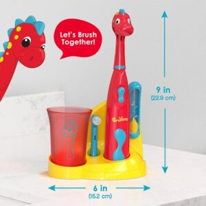 Brusheez® Kids Electric Toothbrush Set (Carnivore Edition) - Battery Operated, Soft Bristles, Easy On/Off, 2 Brush Heads, Animal Cover, Sand Timer, Rinse Cup, and Base - Ages 3+ (Pepper The Dino) - Image 5