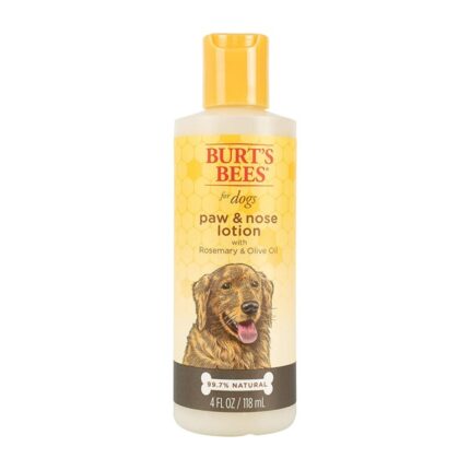 Burt’s Bees for Dogs Paw & Nose Lotion bottle with a yellow cap and dog illustration, 118ml.