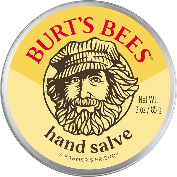 Burt’s Bees Hand Salve tin container with yellow label and farmer illustration, 85g.