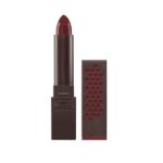 Burt’s Bees lipstick in a dark brown square tube with cap beside it, showing a deep burgundy shade.