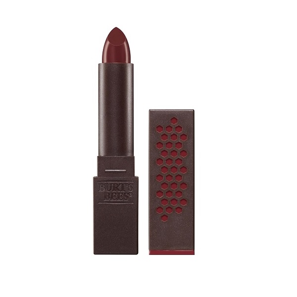 Burt’s Bees lipstick in a dark brown square tube with cap beside it, showing a deep burgundy shade.
