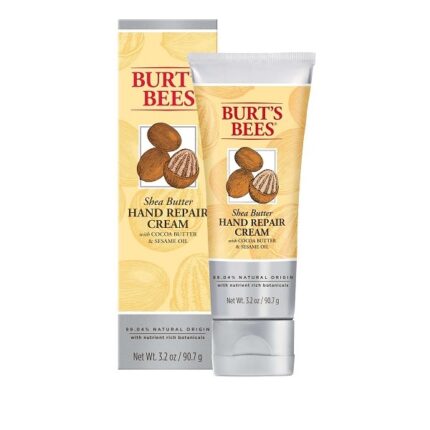 Burt’s Bees Shea Butter Hand Repair Cream tube with matching box packaging, 90.7g, on a white background.