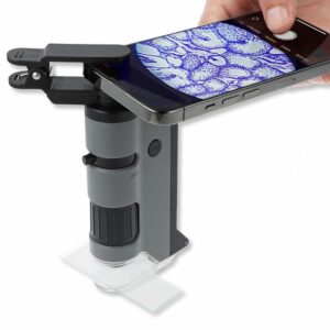 Carson MicroFlip 100x-250x LED Lighted Pocket Microscope with Flip Down Slide Base, Smartphone Adapter Clip, and UV Flashlight - Image 1