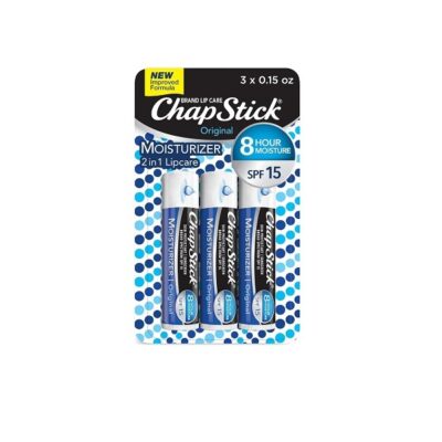 ChapStick Lip Moisturizer and Skin Protectant (Original Flavor, 1 Blister Pack of 3 Sticks) Lip Balm Tube, Sunscreen, SPF 12, 0.15 Ounce