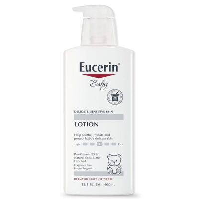 Eucerin Baby Lotion bottle for delicate, sensitive skin with a white pump, 400ml