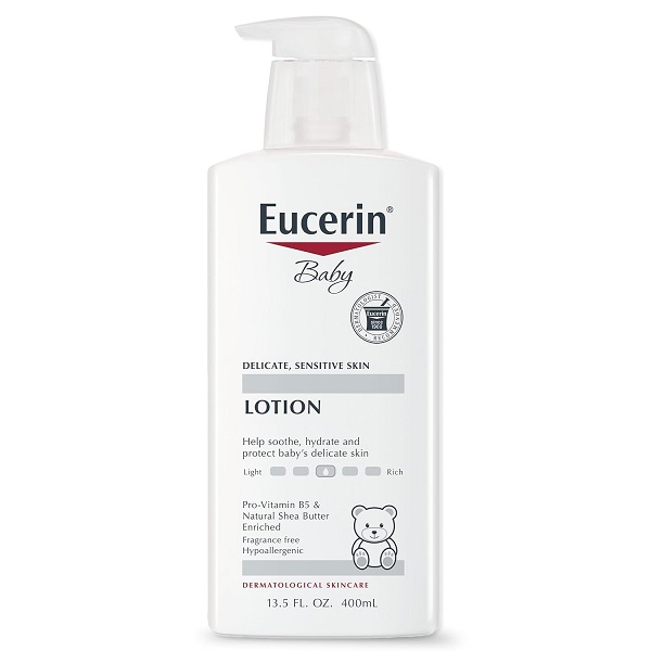 Eucerin Baby Lotion bottle for delicate, sensitive skin with a white pump, 400ml