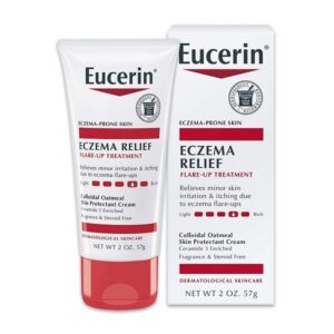 Eucerin Eczema Relief Flare-Up Treatment skin protectant cream tube with matching box packaging, 57g, on a white background.
