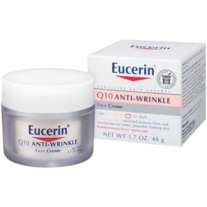 Eucerin Q10 Anti-Wrinkle Face Cream jar with matching box packaging, 48g, on a white background.
