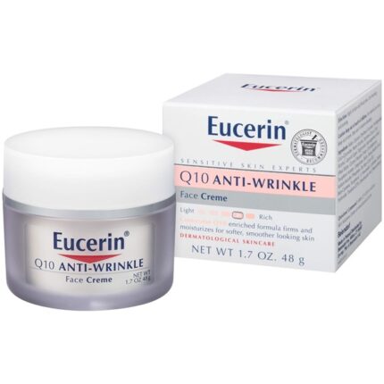 Eucerin Q10 Anti-Wrinkle Face Cream jar with matching box packaging, 48g, on a white background.