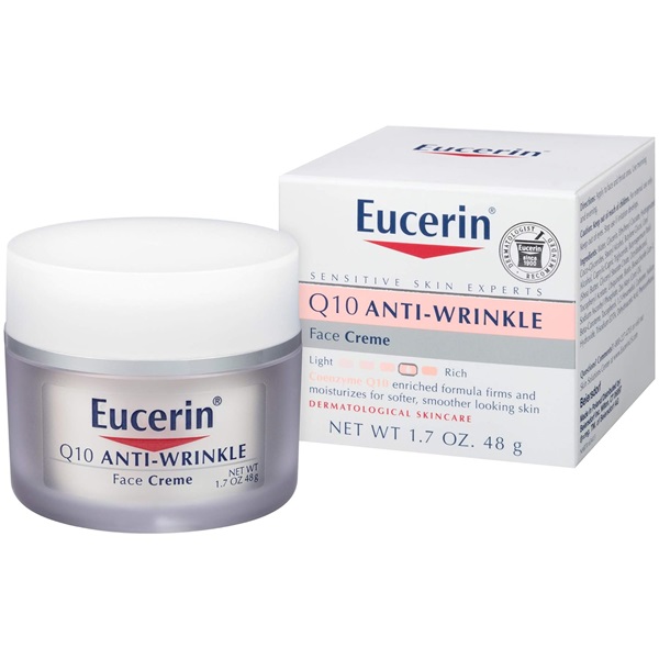 Eucerin Q10 Anti-Wrinkle Face Cream jar with matching box packaging, 48g, on a white background.