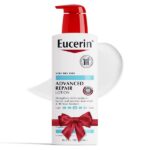 Eucerin Advanced Repair Lotion for very dry skin in a white bottle with a red pump and red bow, 500ml.