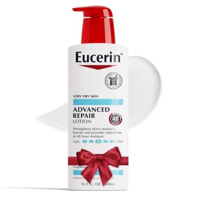 Eucerin Advanced Repair Lotion for very dry skin in a white bottle with a red pump and red bow, 500ml.