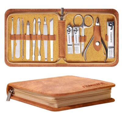 FAMILIFE Manicure Set, Nail Professional Kit Manicure Kit Nail Clipper Set, 13PCS Stainless Steel Nail Care Kit Pedicure Set Mens Grooming Kit, Mens Manicure Set with Brown Leather Travel Case for Men