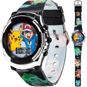 Pokémon Kids' Digital Watch with Silver Bezel, Black Strap, Flashing LED Lights - Official Pokémon Characters on the Dial, Safe for Children - Model: POK3018 - Image 1