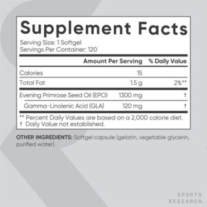 Sports Research Evening Primrose Oil 1300 mg Non - GMO Gluten - free Cold - Pressed with No Fillers or Artificial Ingredients (120 Liquid Softgels) - Image 3