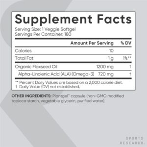 Sports Research Flaxseed Oil with Plant Based Omega's 3, 6 and 9 Vegan Certified and Non-GMO Project Verified (180 Veggie Softgels) - Image 3