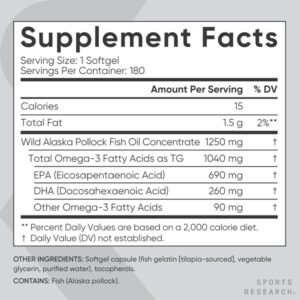 Sports Research Omega-3 Fish Oil From Wild Alaska Pollock (1250Mg Per Capsule) With Triglyceride Epa & Dha Fatty Acids|Heart, Brain & Joint Support|Ifos 5-Star Certified, Non-Gmo & Gluten Free (180Ct) - Image 6
