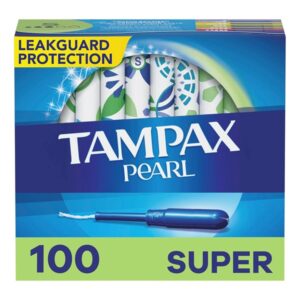 Tampax Pearl Tampons Super Absorbency, 100 Count, BPA-Free Plastic Applicator and LeakGuard Braid, Unscented, 50 Count, Pack of 2 (100 Count Total) - Image 1