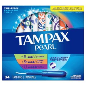 Tampax Pearl Tampons Trio Pack, Super/Super Plus/Ultra Absorbency with BPA-Free Plastic Applicator and LeakGuard Braid, Unscented, 34 Count - Image 1