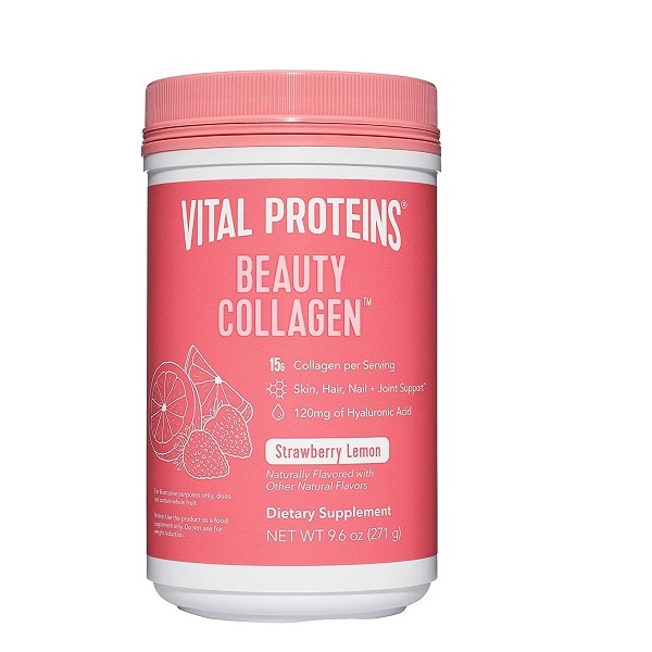 Vital Proteins Beauty Collagen Strawberry Lemon canister with 15g collagen peptides and hyaluronic acid