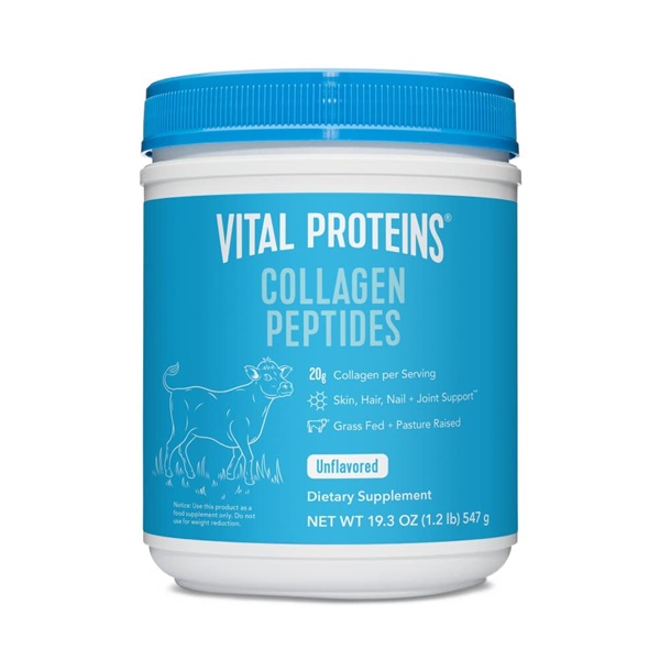 Vital Proteins Collagen Peptides unflavored powder 20 oz container with supplement facts and packaging