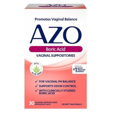 AZO Boric Acid Vaginal Suppositories, Helps Support Odor Control and Balance Vaginal PH with Clinically Studied Boric Acid, Non-GMO, 30 Count